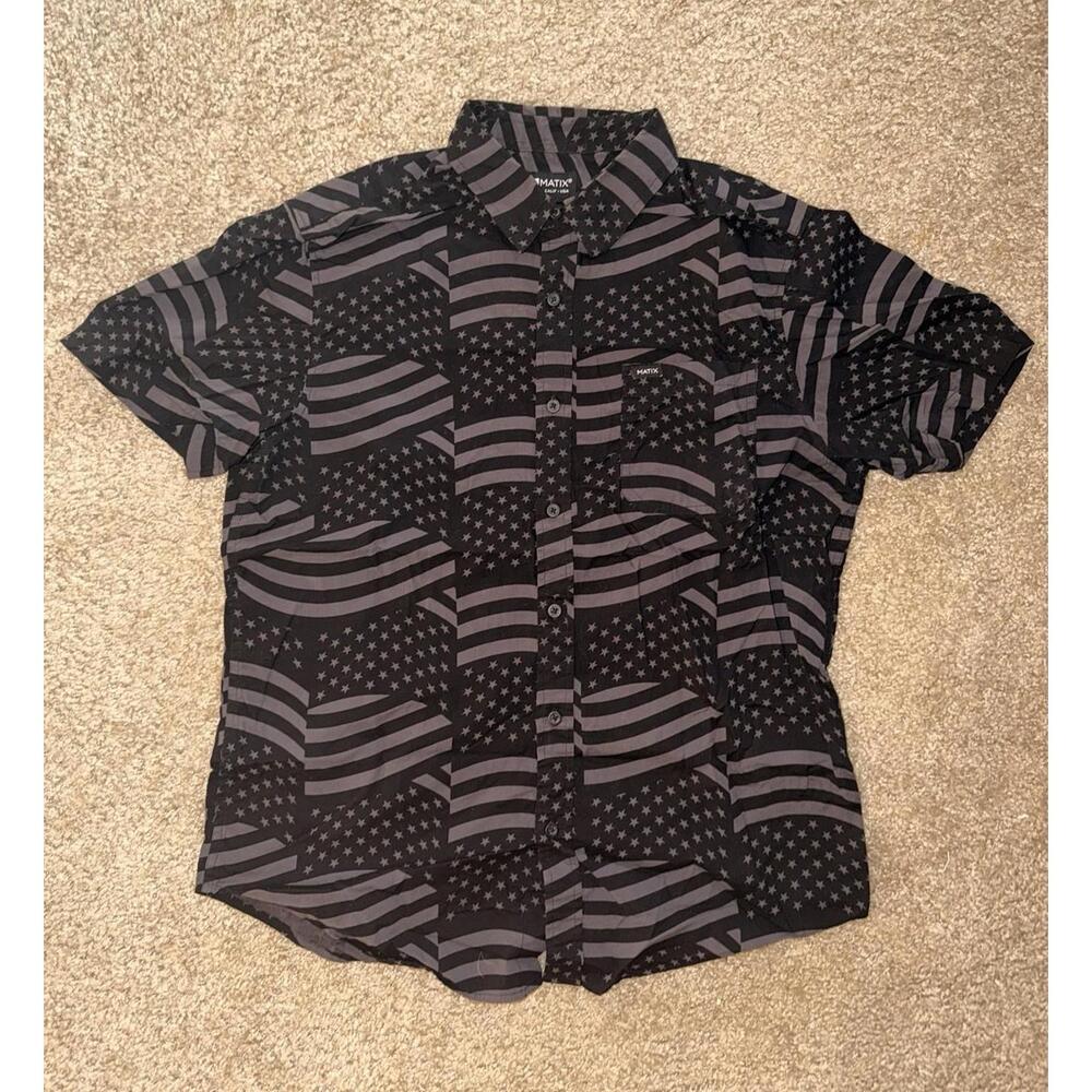 Matix Mens Large Button Up Shirt Black Gray American Flag Stars Stripes Skate